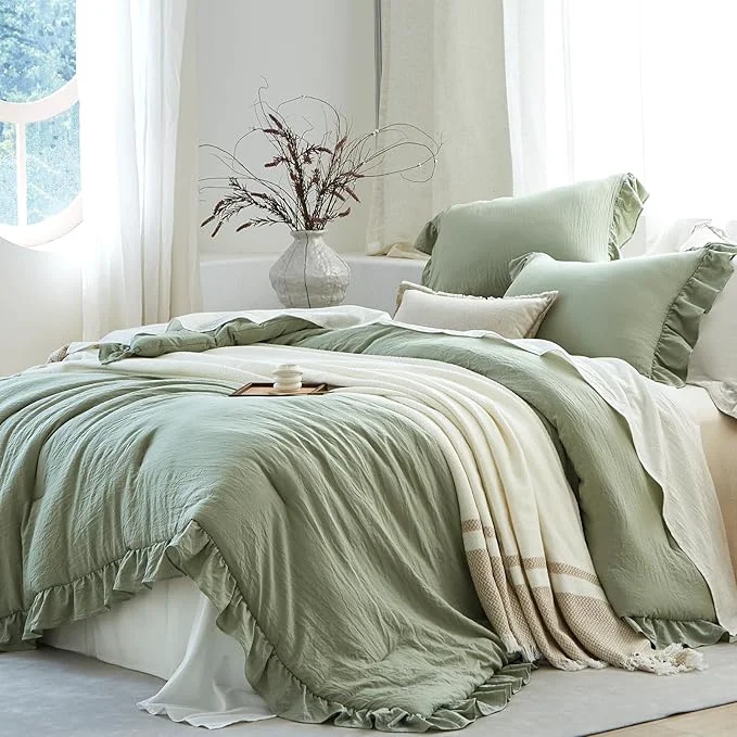 Pure Sage Green Ruffle Comforter Set Twin Pre-Washed Shabby Chic Bedding Set Lightweight Cottagecore Soft Romantic Cozy 1 Comforter amp 1 Sham All-Season Traditional