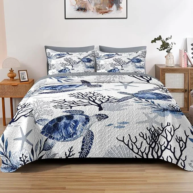 Detailed Quilt Set Twin Size Ocean Sea Coral 2 Pcs Soft Bed Cover Bedding Set for Kids and Adults Blue Animal Turtle Lightweight Bedspread Coverlet with Pillow Sham for All Season Reliable