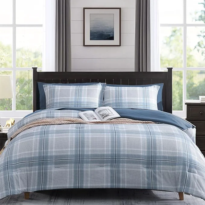 High-End MaiRêve Plaid Twin XL Comforter Set Light Blue Grid Bedding Set for Boys amp Girls Classic Checkered Bed in A Bag Comforter Sets with Fitted amp Flat Sheet Pillowcase amp Sham Light Blue 66 quot x90 quot Relaxed