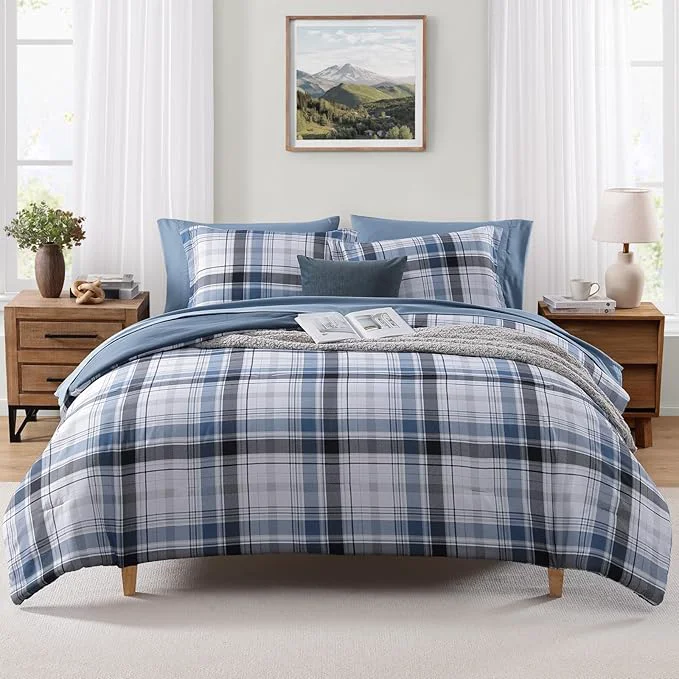 Smooth MaiRêve Twin XL Size Plaid Comforter Set Lake Blue Classic 5 Pieces Farmhouse Bedding Set All Season Lightweight Bed in A Bag with Sheets Pillowcase amp Sham Elite