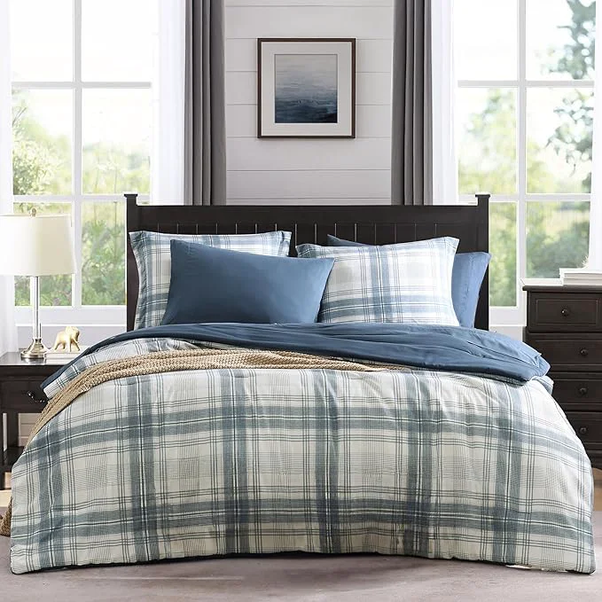 Trusted MaiRêve Plaid Queen Comforter Sets Blue Grey Grid Farmhouse Bedding Set Bed in A Bag Classic Checkered Comforter Sets with Fitted amp Flat Sheet Pillowcases amp Shams Blue Grey 90 quot x90 quot Stylish