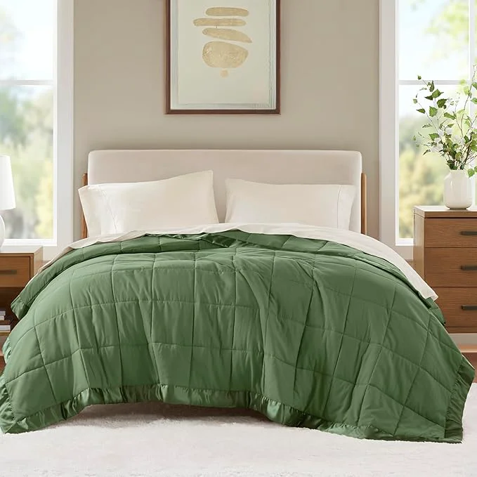 Organic Madison Park Queen Blanket Quilted Microfiber Satin Binding 3M Scotchgard Moisture Wicking Soft and Lightweight Summer Blanket for Couch Windom Full Queen Green Versatile