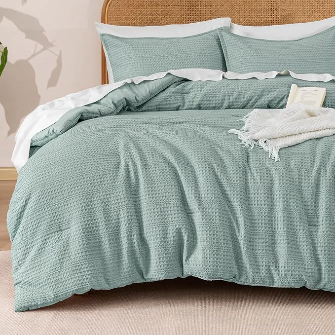 Crafted PHF Soft Waffle Comforter Set King Size- Comfy Breathable Waffle Weave Comforter with 2 Pillow Shams 3 Pieces Less Snagging Lightweight Textured Bedding Set for All Season Dusty Blue Recyclable