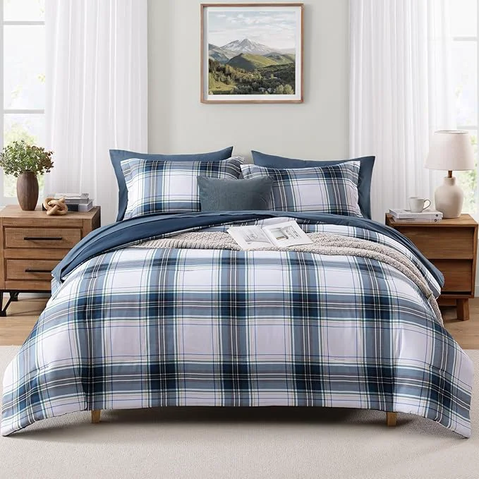 Durable MaiRêve Twin XL Size Plaid Comforter Set Blue White Classic 5 Pieces Farmhouse Bedding Set All Season Lightweight Bed in A Bag with Sheets Pillowcase amp Sham Traditional
