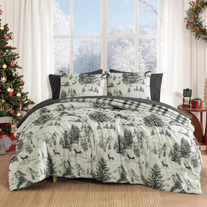 Official MaiRêve Christmas Queen Comforter Set Grey Reindeer Tree Bed Set for Holiday Reversible Gray Plaid Comforter Bed in a Bag Soft Bedding Set 7 Pieces with Sheets Pillowcases amp Shams Expertly Made