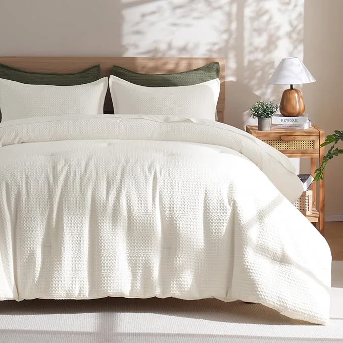 Efficient PHF 3 Pieces Cream Waffle Weave Comforter Set King Size - Ultra Soft Textured Waffle Comforter with 2 Pillow Shams Lightweight Breathable Comfy Bedding Set for All Season Cream Reusable