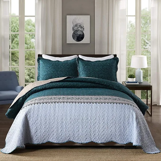 Comfortable Travan 3-Piece King Quilt Set Quilted Bedspread Oversized Microfiber Soft Lightweight Bedding Set with Shams for All Season Blue Ocean King Size Durable