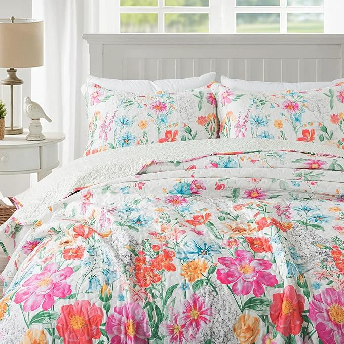 Clean Travan Floral Quilt Queen Quilt Set Ultra Soft Reversible Queen Quilt Bedding Set with 1 Quilt Set and 2 Shams Red Flower Quilt for All Season Coreopsis-Red Queen Enhanced