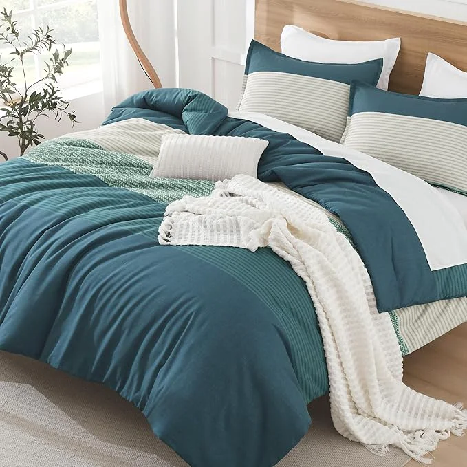 Fine Litanika Comforter Set Queen Size Dark Teal - 3 Pieces Lightweight Colorblock Stripe Fluffy Bedding Comforter Sets All Season Bed Set Durable