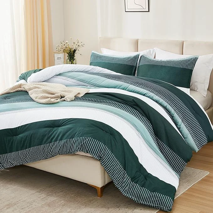 Breathable Litanika Dark Emerald Green King Bed Comforter Set 3 Pieces Bedding Set Colorblock Stripe Vintage Bed Set 104x90In Comforter amp 2 Pillowcases Outstanding