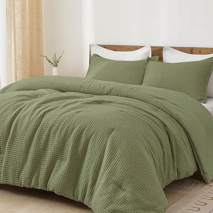 Top-Quality PHF Ultra Soft Waffle Weave Comforter Set King Size 3 Pieces Lightweight Breathable Comfy Bedding Set Comfy Textured 1 Comforter with 2 Pillow Shams Olive Green Optimized
