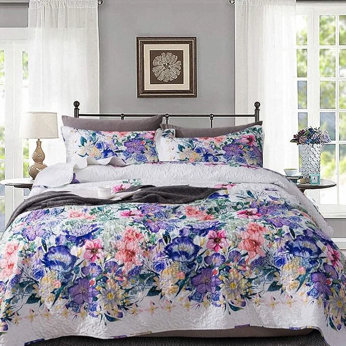 Fine Travan King Quilt Set 3-Piece Bedspread Quilted Oversized Lightweight Microfiber Coverlet Set with Shams Violet Purple Floral Pattern Quilted Bedding Set for All Season King Consistent