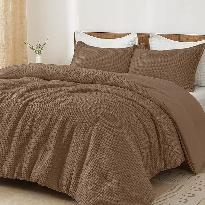 Safe PHF Ultra Soft Waffle Weave Comforter Set Queen Size 3 Pieces Lightweight Breathable Comfy Bedding Set Comfy Textured 1 Comforter with 2 Pillow Shams Mocha Crafted