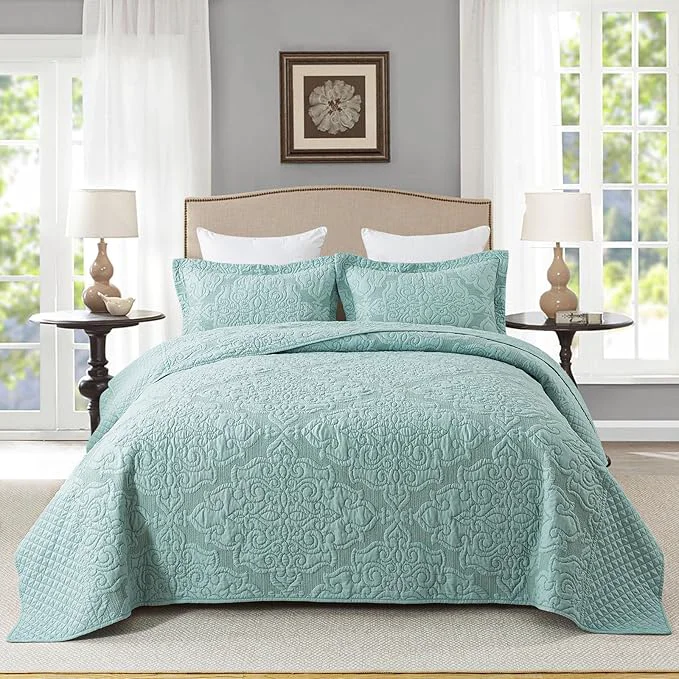 Certified Travan 3-Piece Queen Quilt Set Quilted Bedspread Oversized Microfiber Lightweight Bedspread Coverlet Set with Shams Bedding Set for All Season Blue Queen Size High-Grade