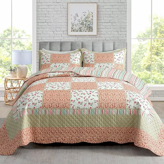 Original Design Travan 3-Piece Quilt Set Quilted Bedspread Lightweight Coverlet Set Patchwork Floral Oversized Reversible Soft Quilted Bedding Coverlet Set for All Seasons King Size Green