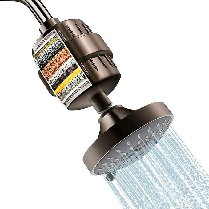 Durable Shower Head and 15 Stage Shower Filter Combo FEELSO High Pressure 5 Spray Minimalist