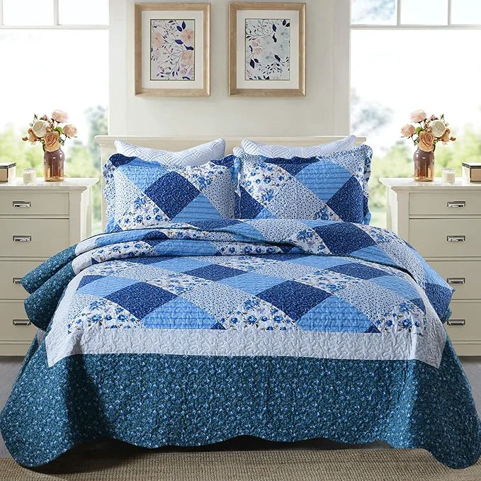 Sophisticated Travan Bedspread Quilt Sets 3-Piece Lightweight Coverlet Set with Shams Reversible Quilted Bedding Set Blue Floral Patchwork King Size Authentic