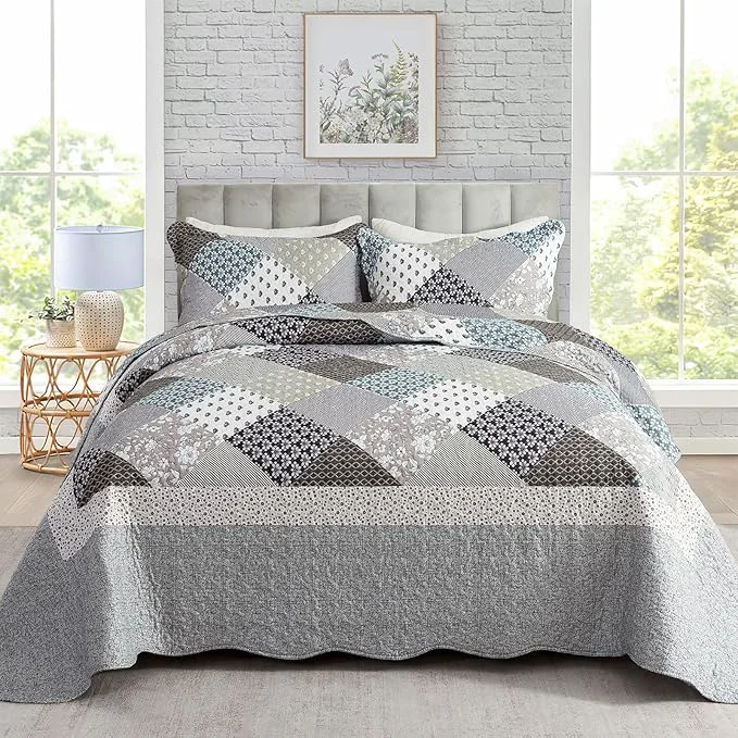 Unique Travan 3-Piece Quilt Set Quilted Bedspread Garden Style Floral Printed Oversized Microfiber Lightweight Coverlet Set with Shams Exquisite Queen Size User-Friendly