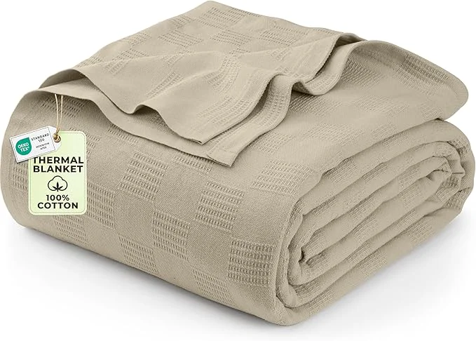 Exceptional Utopia Bedding Khaki Cotton Blanket Queen Size - 90x90 Inch Lightweight Soft and Breathable Thermal Blanket for All Seasons Fine Crafted