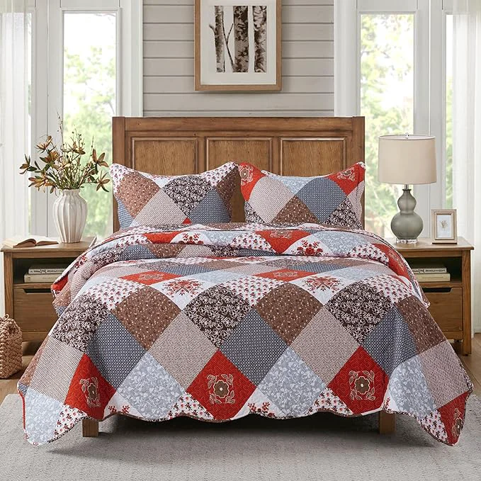 Exceptional Travan Floral Printed Quilt Sets 3-Piece Super Soft Lightweight Queen Size Bedspread with Shams Reversible Quilted Bedding Set Red Queen Functional