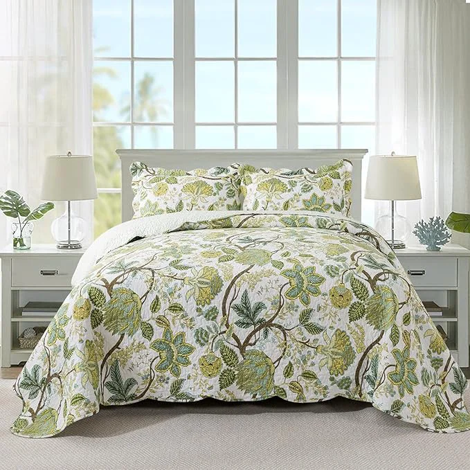 Prestigious Travan 3-Piece Quilt Set Quilted Bedspread Cotton Coverlet Set Floral Oversized Quilted Bedding Set for All Season White Vine Queen Size Reusable