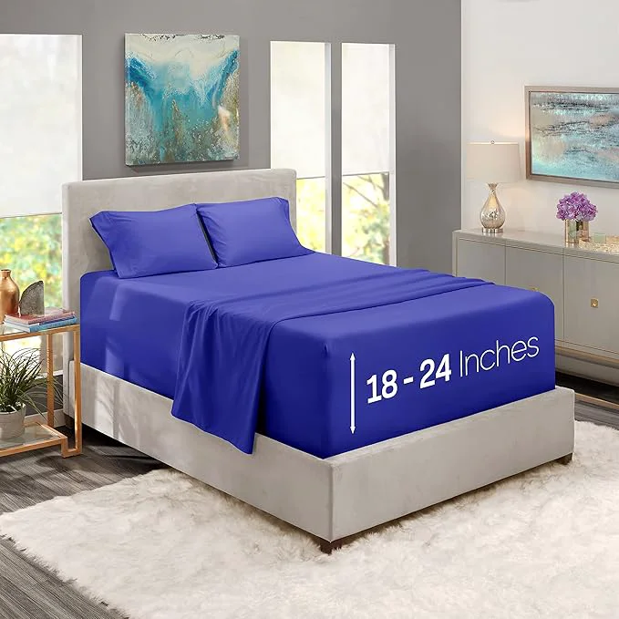 Excellent Nestl Full Size Sheet Set 4 Piece Extra Deep Pocket 18-24 inches Microfiber Hotel Luxury Soft Breathable Wrinkle- Easy to Care Royal Blue High-Performance