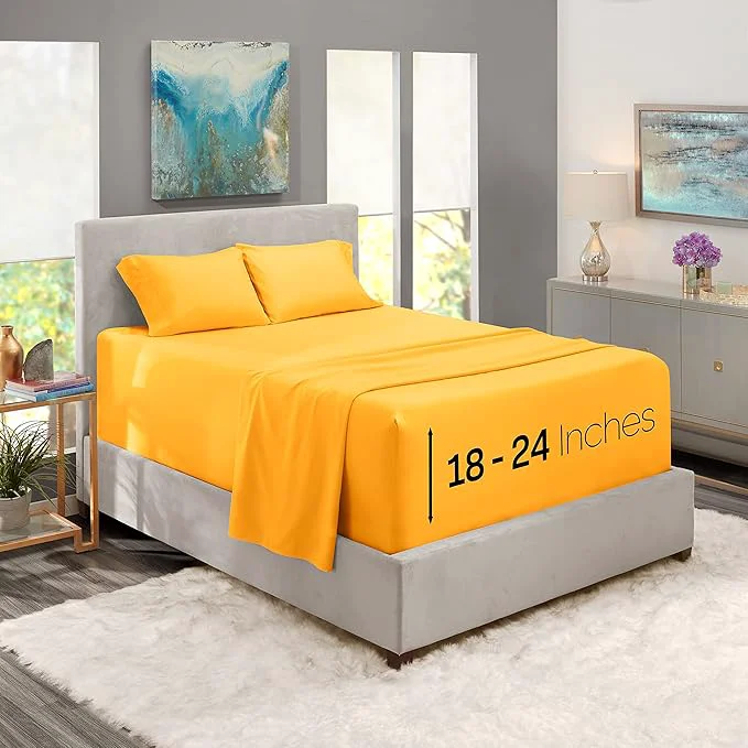 Reusable Nestl Full Size Sheet Set 4 Piece Extra Deep Pocket 18-24 inches Microfiber Hotel Luxury Soft Breathable Wrinkle- Easy to Care Yellow Practical