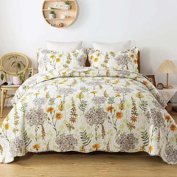 Certified Travan 3-Piece Quilt Set Quilted Bedspread Lightweight Reversible Coverlet Set Floral Printed Oversized Quilted Bedding Set with Shams for All Season Yellow Flower King Size Solid
