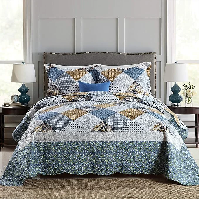 Unique Travan 3-Piece King Bedspread Quilt Sets Patchwork Floral Oversized Reversible Soft Quilted Bedding Coverlet Set for All Seasons King Size Easy-to-Use