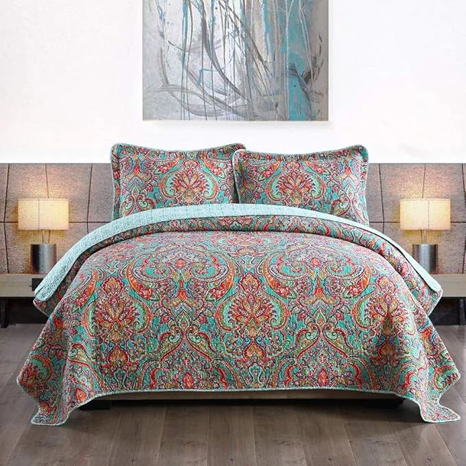 Trendy Travan 3-Piece Bedspread Quilt Set Oversized Quilted Bedding Reversible Cotton Coverlet Set with Shams Gorgeous Floral Pattern King Size High-Grade