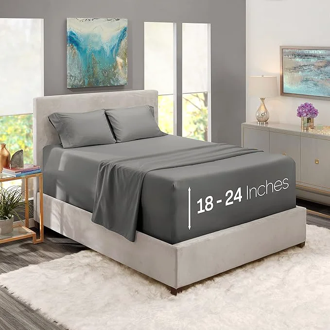 Traditional Nestl California King Size Sheet Set 4 Piece Extra Deep Pocket 18-24 inches Microfiber Hotel Luxury Soft Breathable Wrinkle- Easy to Care Grey Stylish