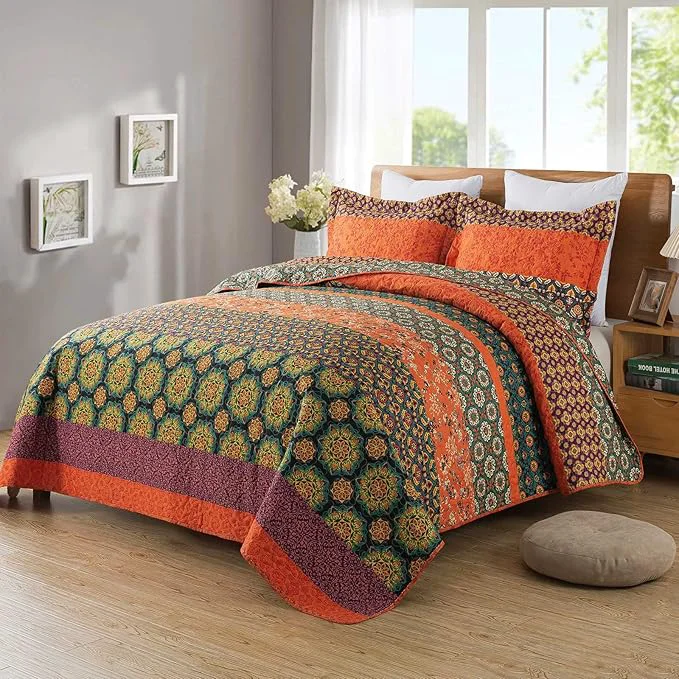 Minimalist Travan Boho Stripe Quilt Sets Floral Printed Reversible Soft Bohemian Bedding Set with Shams for All Season Orange Red Stripe Queen Size Optimized