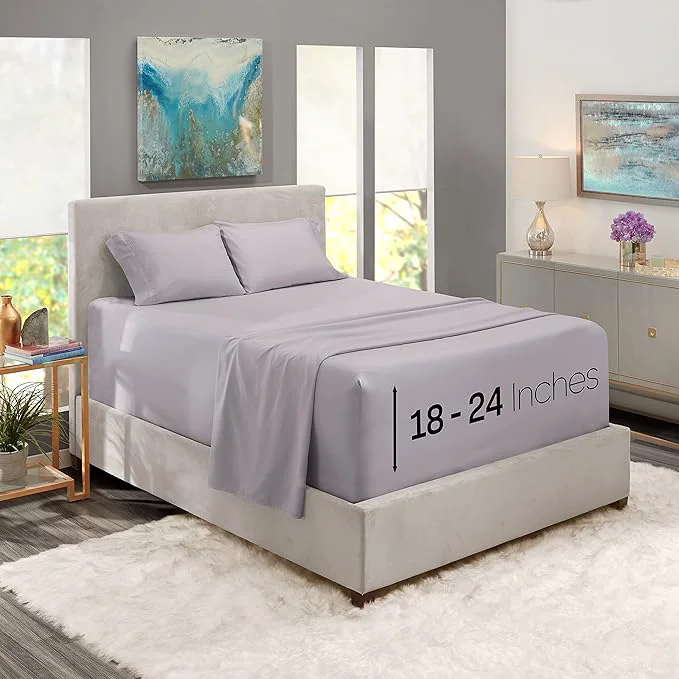 World-Class Nestl King Size Sheet Set 4 Piece Extra Deep Pocket 18-24 inches Microfiber Hotel Luxury Soft Breathable Wrinkle- Easy to Care Grey Lavender Classic