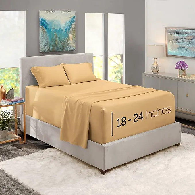 Excellent Nestl Twin XL Size Sheet Set 4 Piece Extra Deep Pocket 18-24 inches Microfiber Hotel Luxury Soft Breathable Wrinkle- Easy to Care Camel Gold First-Class