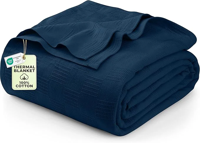 Advanced Utopia Bedding Navy Cotton Blanket Queen Size - 90x90 Inch Lightweight Soft and Breathable Thermal Blanket for All Seasons Easy-to-Use