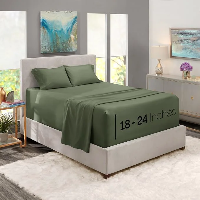 Responsible Nestl Twin Size Sheet Set 4 Piece Extra Deep Pocket 18-24 inches Microfiber Hotel Luxury Soft Breathable Wrinkle- Easy to Care Olive Green World-Class