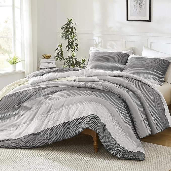 Original Design Litanika Dark Grey Comforter Set Super King - 3 Pieces Lightweight Dark Grey Colorblock Stripe Fluffy Bedding Comforter Sets All Season Bed Set Professional