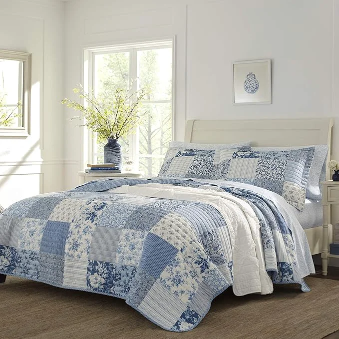 Expertly Made Laura Ashley - Queen Quilt Set Soft amp Reversible Cotton Floral Bedding with a Medium Weight Feel 3 Piece Bed Set with Matching Pillowcases Paisley Patchwork Blue Relaxed