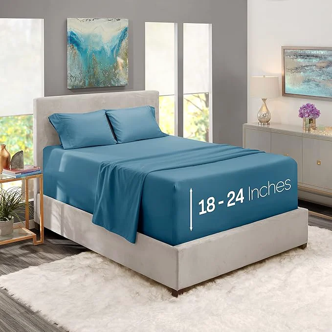 Premium Material Nestl Queen Size Sheet Set 4 Piece Extra Deep Pocket 18-24 inches Microfiber Hotel Luxury Soft Breathable Wrinkle- Easy to Care Blue Heaven High-Quality