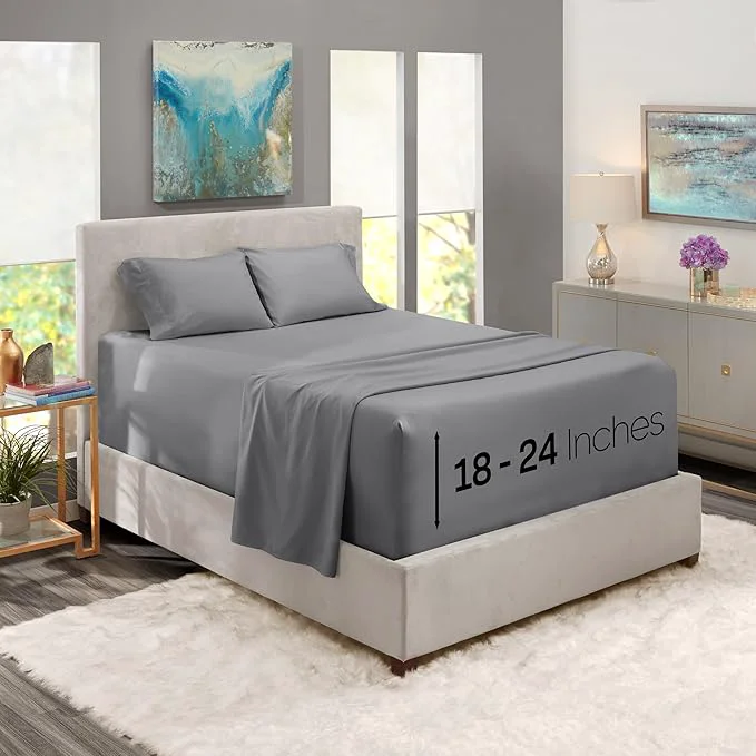 Refined Nestl California King Size Sheet Set 4 Piece Extra Deep Pocket 18-24 inches Microfiber Hotel Luxury Soft Breathable Wrinkle- Easy to Care Grey Smart