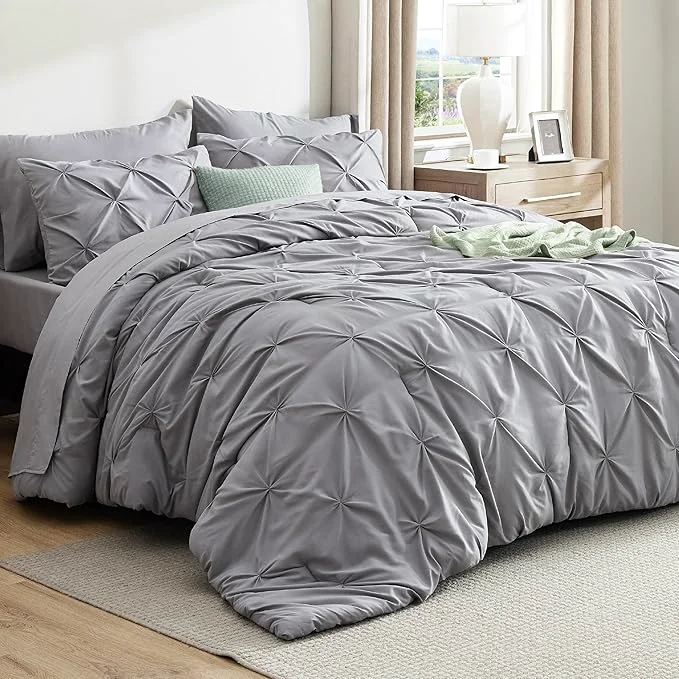 Secure Bedsure Oversized King Comforter Set Grey - Bed in a Bag Bedding Set 7 Pieces GentleSoft™ Pintuck Bed Set Gift for Family Pinch Pleat Grey Comforter with Sheets Pillowcases amp Shams Lightweight