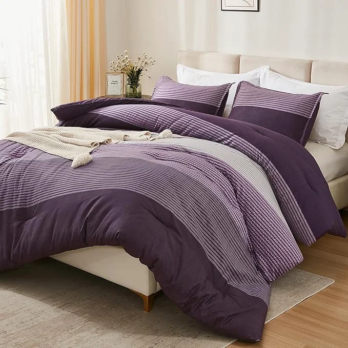 Enhanced Litanika California King Comforter Set Purple - 3 Pieces Cal King Oversized Lightweight Purple White Colorblock Stripe Bedding Set 104x96In 2 Pillowcases Reusable
