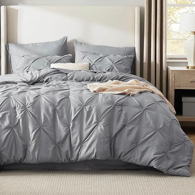 Functional Bedsure Oversized Queen Comforter Set Grey - Bed in a Bag Bedding Set 7 Pieces GentleSoft™ Pintuck Bed Set Gift for Family Pinch Pleat All Season Comforter with Sheets Pillowcases amp Shams Pure