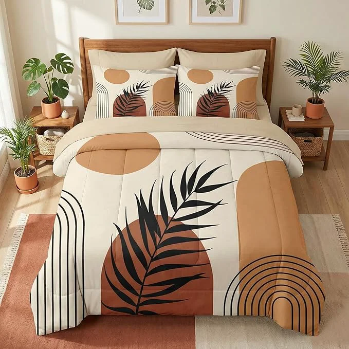 Exceptional Comforter Set King Size Boho Mid Century 7 Pcs Bedding for Kids and Adults Sun Orange Leaves Bed Sheet Sets with Fitted Sheet 2 Pillowcase amp 2 Sham for Bedroom Bed Decor Fast