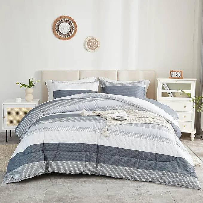 Original Design Litanika Light Grey California King Comforter Set 3 Pieces Cal King Lightweight Gray White Colorblock Stripe Bedding Comforter Sets Fluffy Bed Set Prestigious