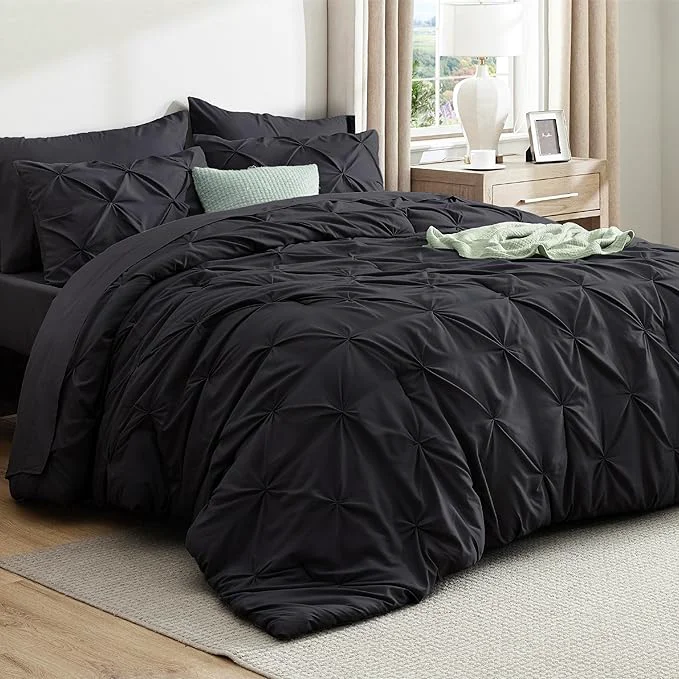Traditional Bedsure King Size Comforter Set Black - Bed in a Bag Bedding Set 7 Pieces GentleSoft™ Pintuck Bed Set Gift for Family Pinch Pleat Black Comforter with Sheets Pillowcases amp Shams Top-Quality