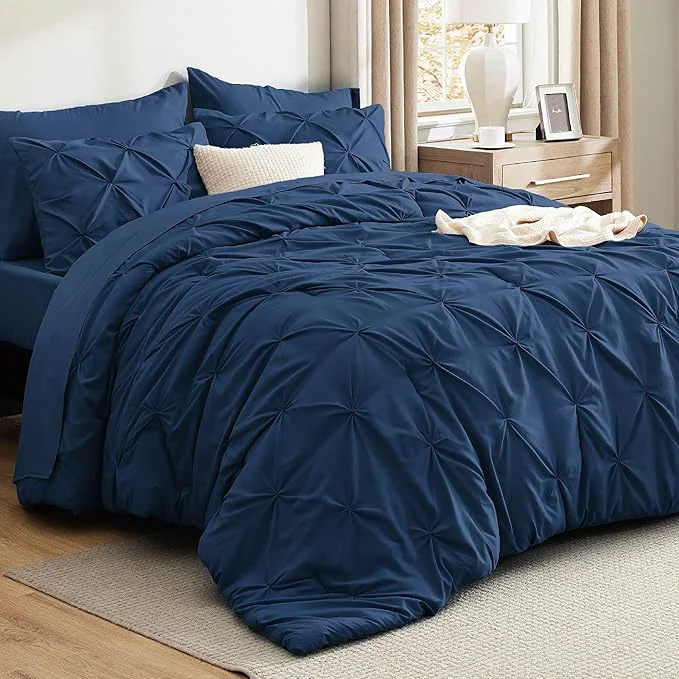 Solid Bedsure Full Size Comforter Sets - Bedding Sets Full 7 Pieces Pintuck Bed in a Bag Navy Blue Bed Set with Comforter Sheets Pillowcases amp Shams High-Grade