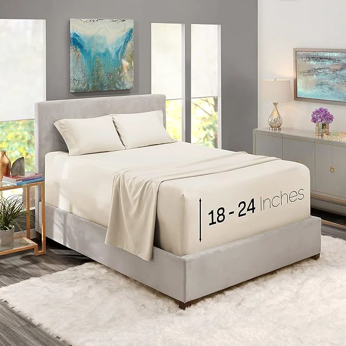 Green Nestl Queen Size Sheet Set 4 Piece Extra Deep Pocket 18-24 inches Microfiber Cooling Hotel Luxury Soft Breathable Wrinkle- Easy to Care Off White Secure