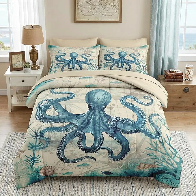 Convenient Comforter Set King Size Octopus Beach 7 Pcs Bedding for Kids and Adults Summer Sea Animal Bed Sheet Sets with Fitted Sheet 2 Pillowcase amp 2 Sham for Bedroom Bed Decor High-Performance