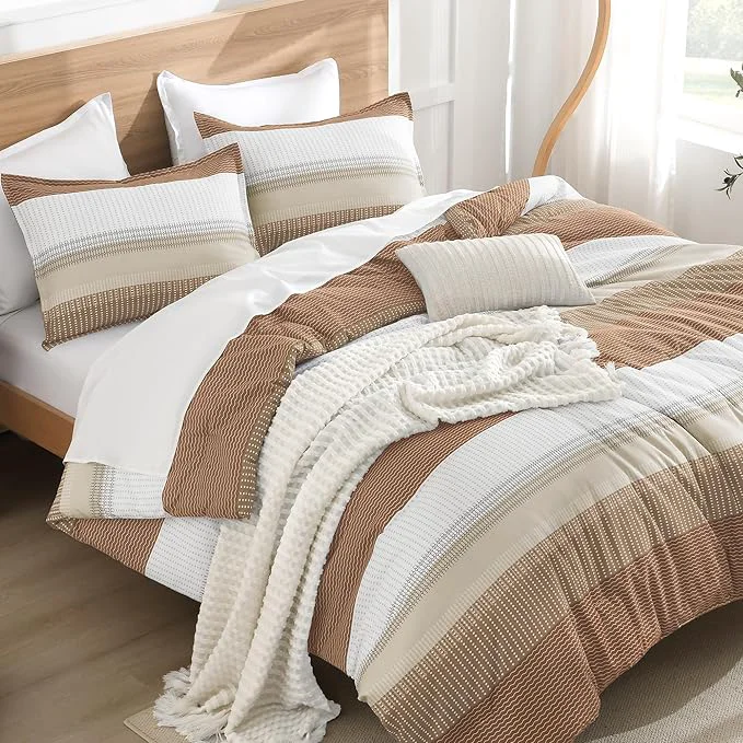 World-Class Litanika Queen Comforter Set Beige - 3 Pieces Lightweight Taupe Khaki White Colorblock Stripe Fluffy Bedding Comforter Sets All Season Bed Set Stylish